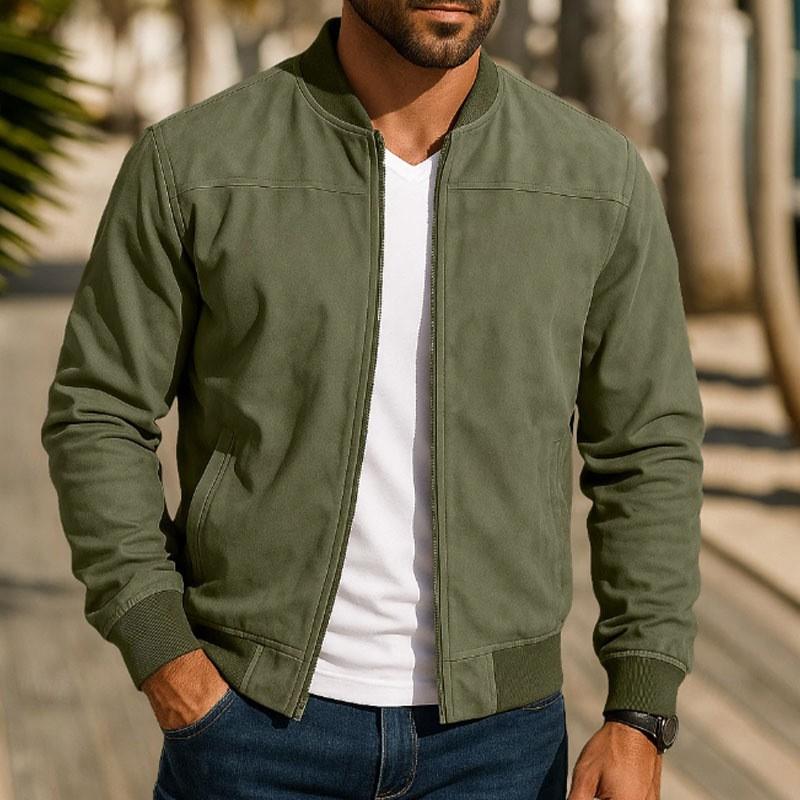 Mens Suede Jacket Stand Collar Zip-up Business Casual Solid Color Slim Fit