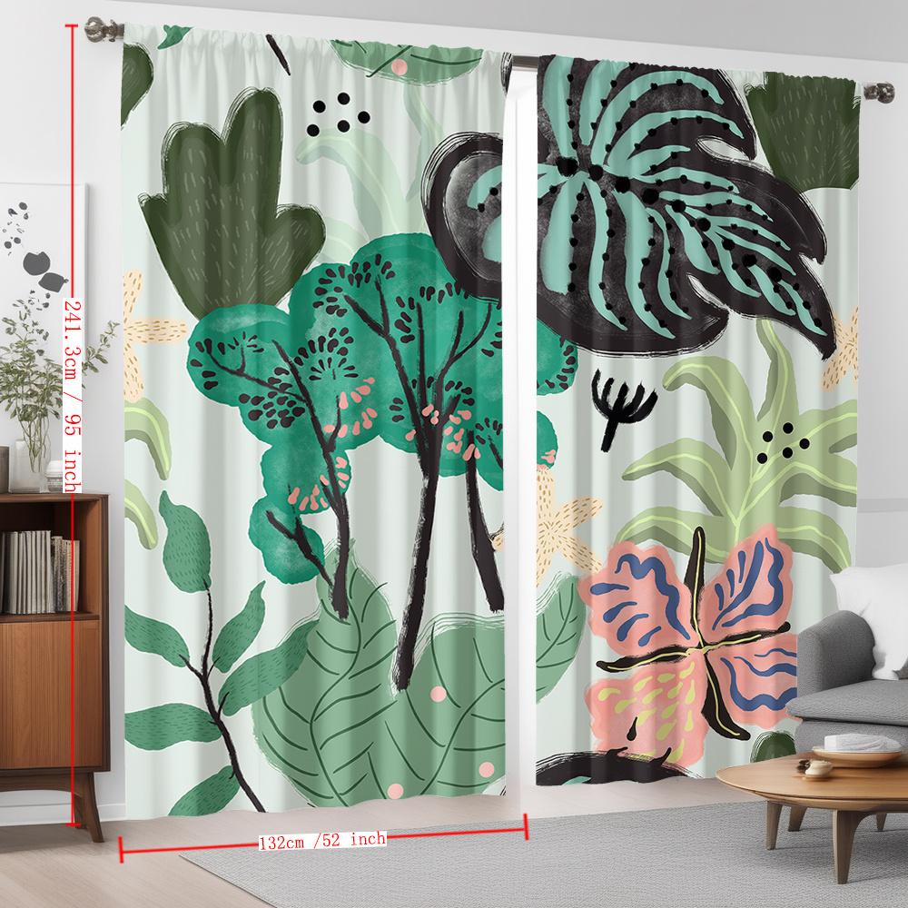 Green Teal Tropical Leaf & Hibiscus Print Curtains Set of 2 Rod Pocket Semi Sheer for Living Room Bedroom Decor