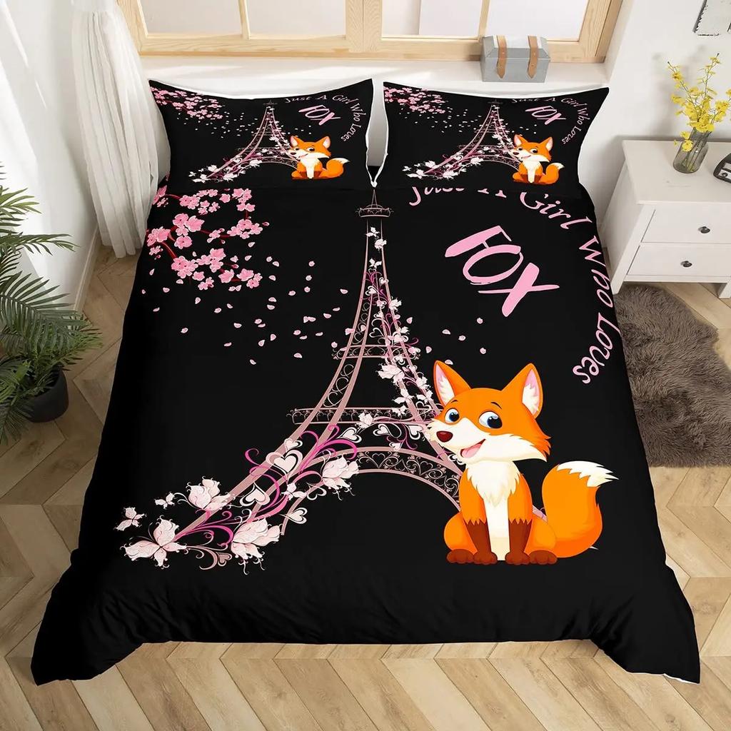 Paris Bettbezug-Set Queen Size Eiffelturm Bettwäsche-Set Mädchen Schwarz und Rosa Paris Deckenbezug Romantischer Französischer Bettdeckenbezug