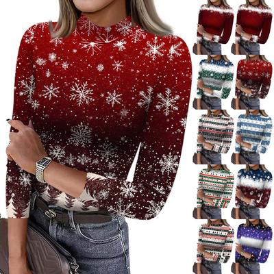 Kadın Slim Fit Alt Tişört Moda Günlük Degrade Baskılı Yuvarlak Yaka Kazak 3/4 Kol Üst
