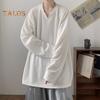 Spring Autumn Men Top V Neck Long Sleeves Oversized Solid Color Loose Mid Length Striped Texture Pullover Hip Hop Streetwear Sweatshirt