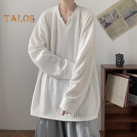Spring Autumn Men Top V Neck Long Sleeves Oversized Solid Color Loose Mid Length Striped Texture Pullover Hip Hop Streetwear Sweatshirt
