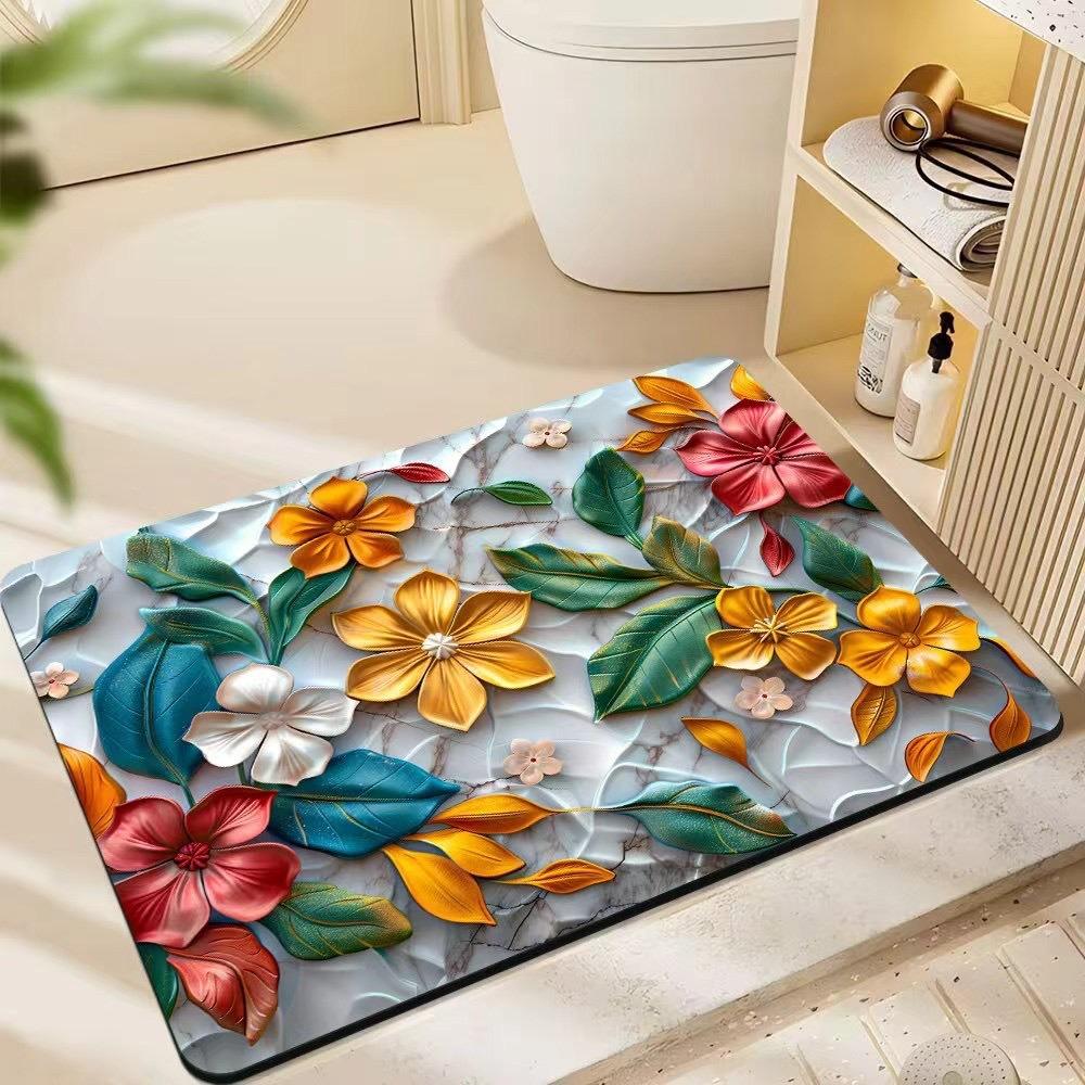 Visual 3D Floral Floor Mat Bathroom Sink Bathtub Side Absorbent Anti Slip Dirt Resistant Rug Entrance Carpet Home Decoration