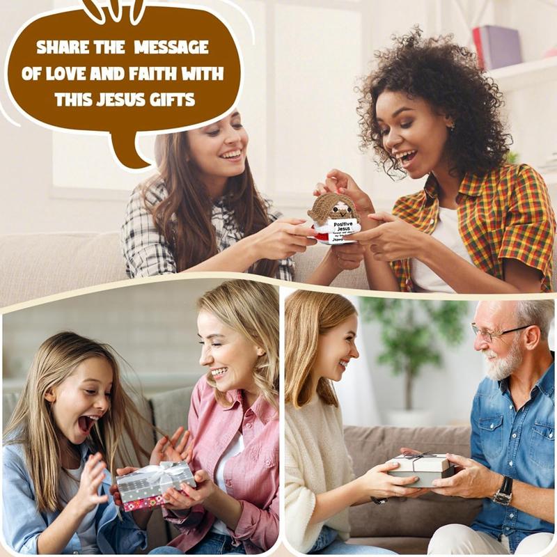 Positive Jesus Häkelpuppe mit Karte Lustige Emotionale Unterstützung Schreibtischornament Handgestrickte Figuren Geschenke Heimdekoration