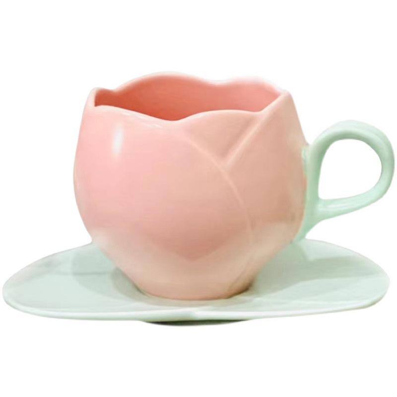 Embossed Ceramic Tulip Shape Niche Design Coffee Cup Office Girl S Heart Like Appearance Exquisite Cup and Saucer Tulip