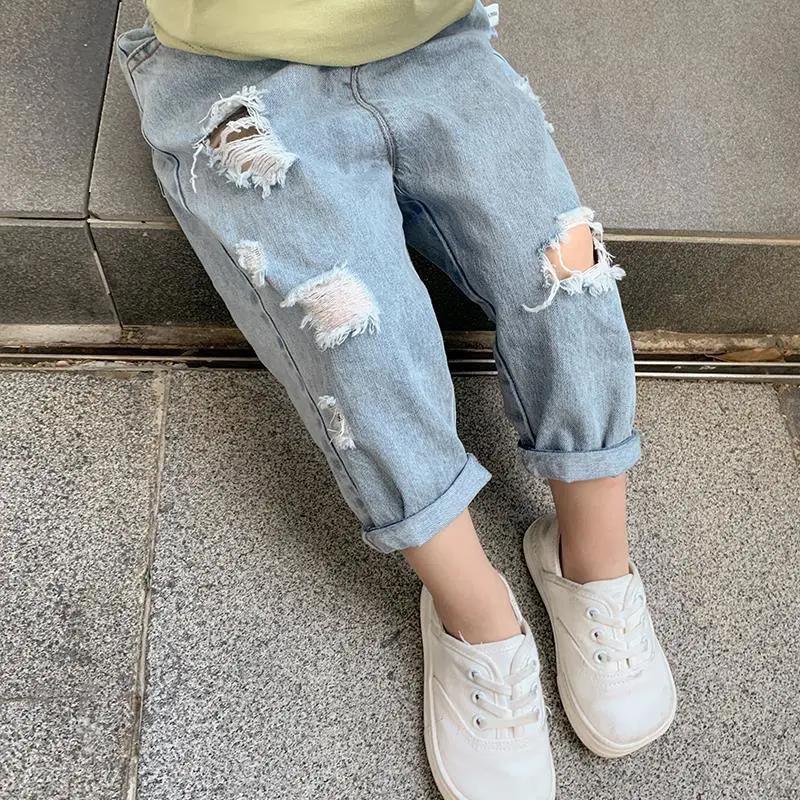 Boys' and Girls' Thin Anti Mosquito Pants Lantern Pants Leggings Jeans Solid Color Holed Capris Casual Pants