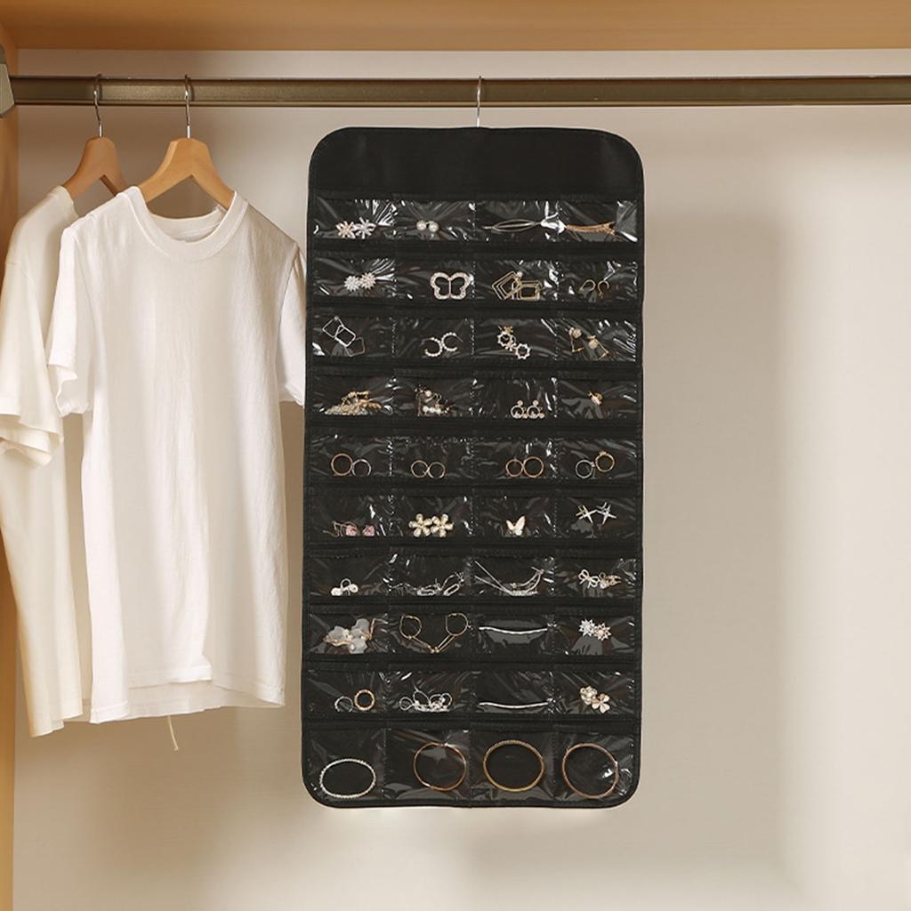 Compact Jewelry Holder Bag in Black with 48 Individual Slots Clear Viewing Jewelry Pockets for Jewelry Collector