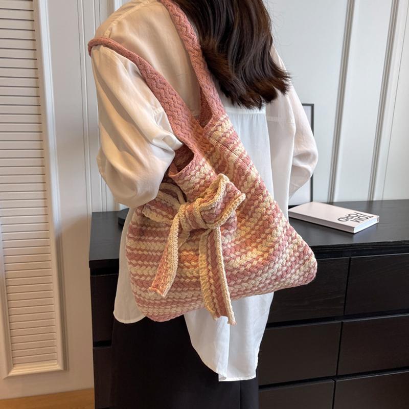 Nova Bolsa de Crochê Listrada com Laço Grande Capacidade Casual Bolsa de Ombro Tecida Multicolorida Bolsa de Tricô Feita à Mão