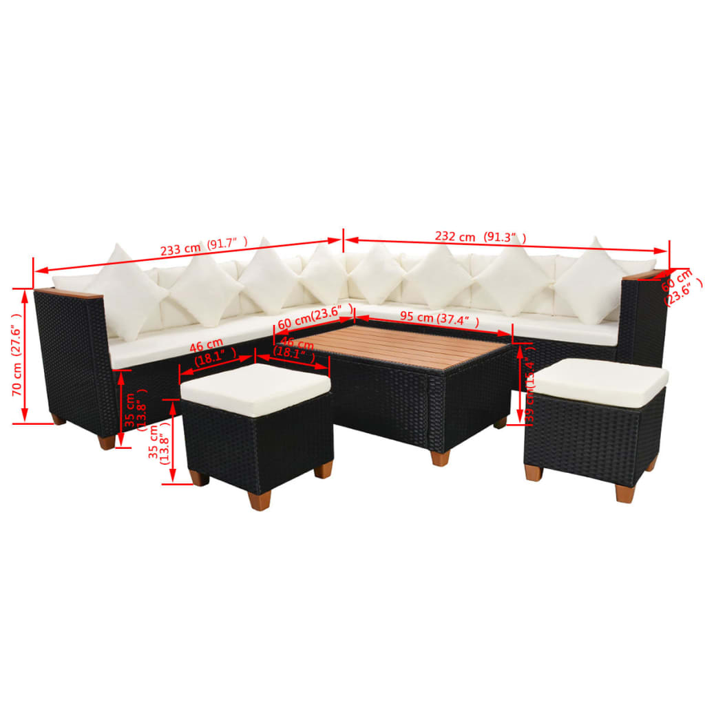 7 piece Garden Lounge Set with Cushions Poly Rattan Black