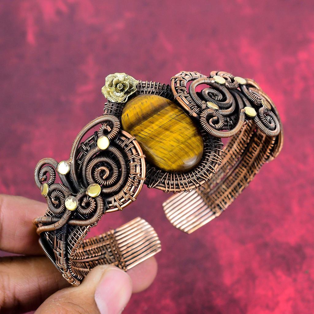 Tiger's Eye Cuff Bracelet Copper Wire Wrapped Bangle Flower Bangle Handmade Adjustable Cuff Bracelet Gemstone Copper Jewelry Gifts for Women