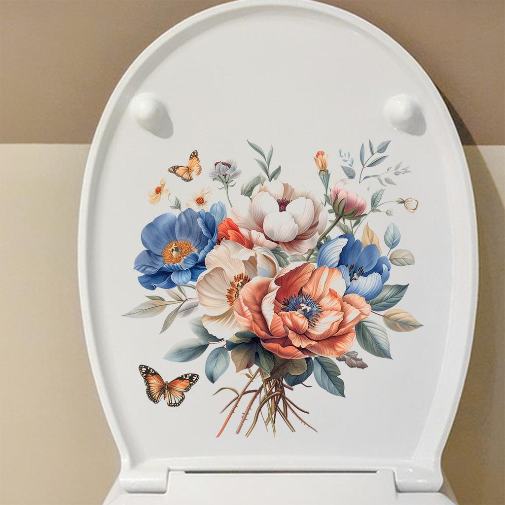 Fresh Style Floral & Butterfly Toilet Stickers, Waterproof Removable Self-Adhesive Bathroom Wall Decals