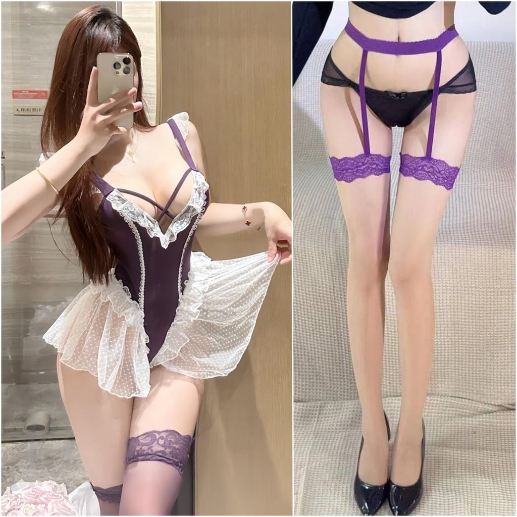 Purple Hollow Pure Lust Sexy Lace Neck Straps Gather Sexy Maid onesie Sex Set