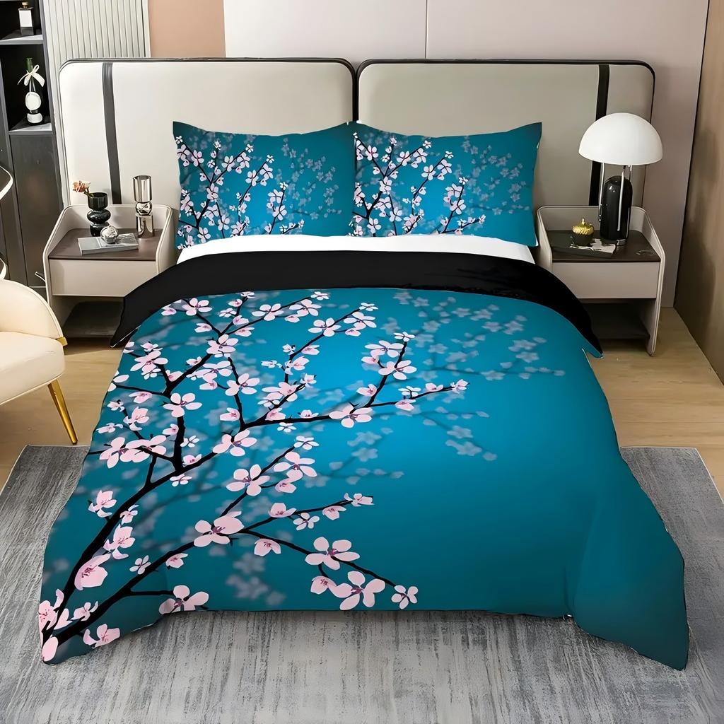 Blue Background Cherry Tree Flower 3D Printed Quilt Cover Sets Fashion Japanese Style Home Soft Textiles Duvet Cover Pillowcases