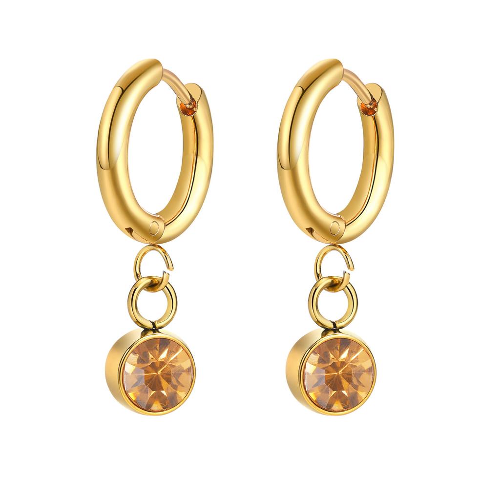 12 Colors Birthstone Huggie Earrings for Women, PVD Gold Color Tone Stainless Steel Brilliant AAA Cubic Zirconia Dangle Ear Clip