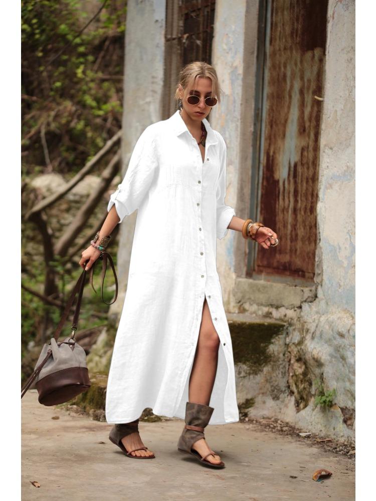 Women Long Sleeve Button Down Maxi Shirt Dress Loose Fit Casual Lapel Collar Long Robe Solid Color