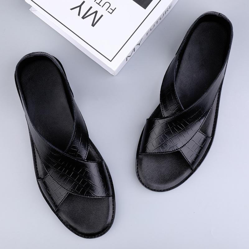 FashionSummer Men's Quality Genuine Leather Sandals Black Anti slip Breathable Casual Shoes Comfortable Business Flat Bottom Sandals