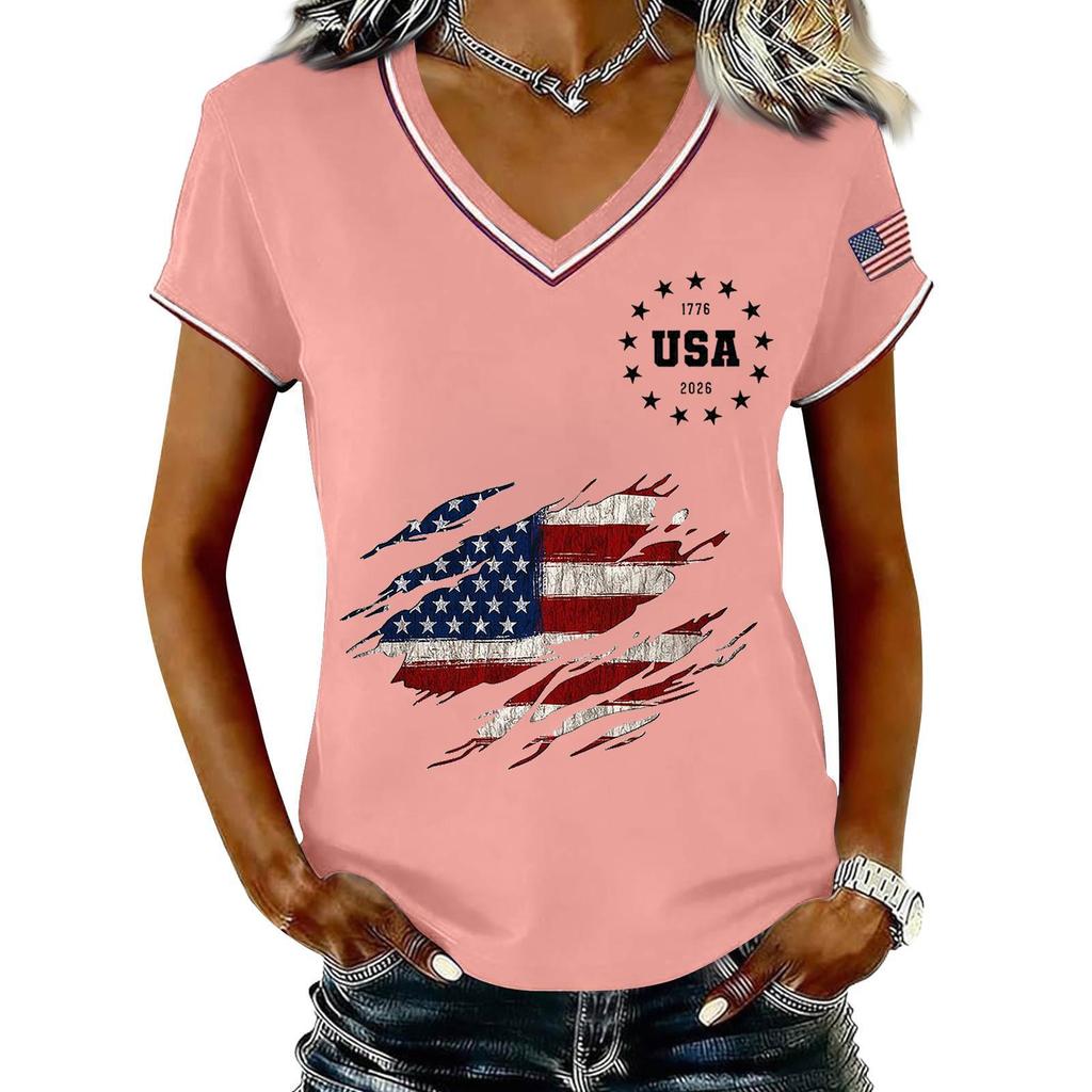 Womens V Neck Short Sleeve Pullover T Shirt with USA Independence Day Print Casual Loose Fit Top for Summer Daily Wear