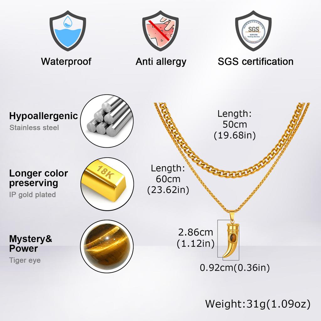 Erkek Çocuklar İçin Trend Boynuz Kolye, Altın Rengi Paslanmaz Çelik Kaplan Gözü Taşı Katmanlı Kolye, Zarif Erkek Takı Seti Hediye