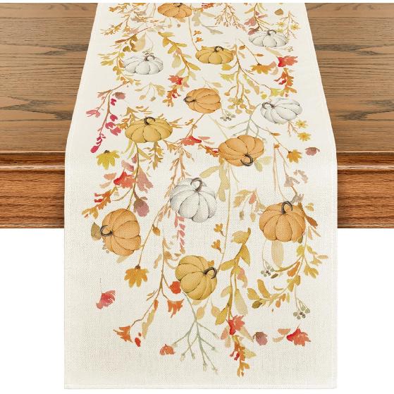 Artoid Mode Wildflowers Bloom Floral Pumpkin Leaves 210 GSM Fall Table Runner, Seasonal Autumn Kitchen Dining Table Decoration for Home Party Decor