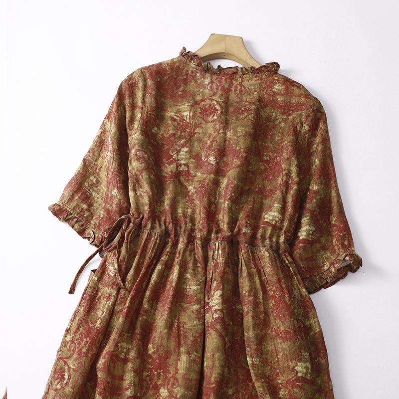 2025 summer new cotton and linen floral dress foreign style printing large size women's knee long dress loose and casual