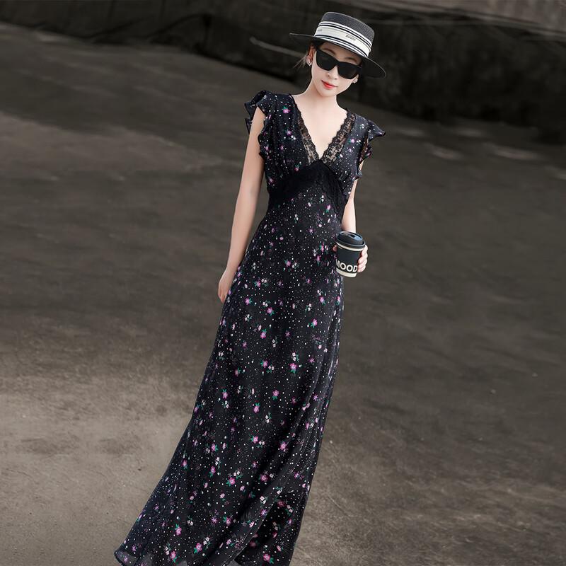 Lanseer French Elegant Lace V-Neck Floral Midi Dress