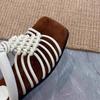 Fashion New Style Fashion Woven Thin Strap Slippers Summer Square Toe Open Toe Cutout Breathable Non-slip Wear-resistant Low Heel Shoes
