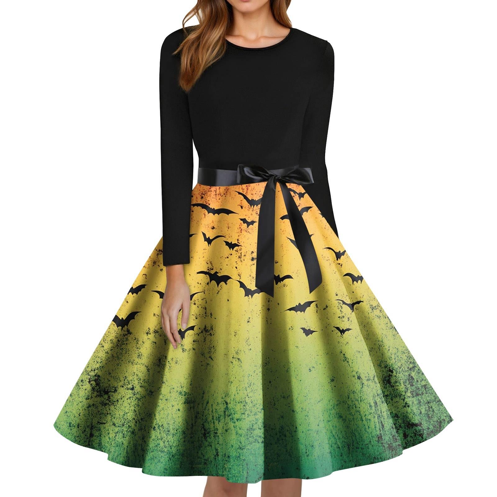 

Женское модное платье с круглым вырезом, повседневное, приталенное, с принтом на Хэллоуин и длинным рукавом XL зелёный