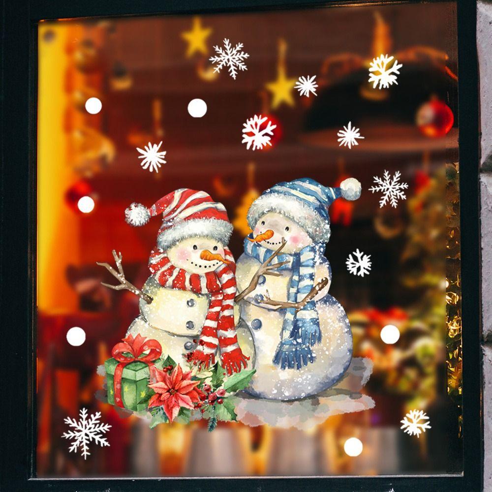 Cartoon Snowman Shopwindow Decals Snowflake Gift Box Xmas Static Sticker  Christmas