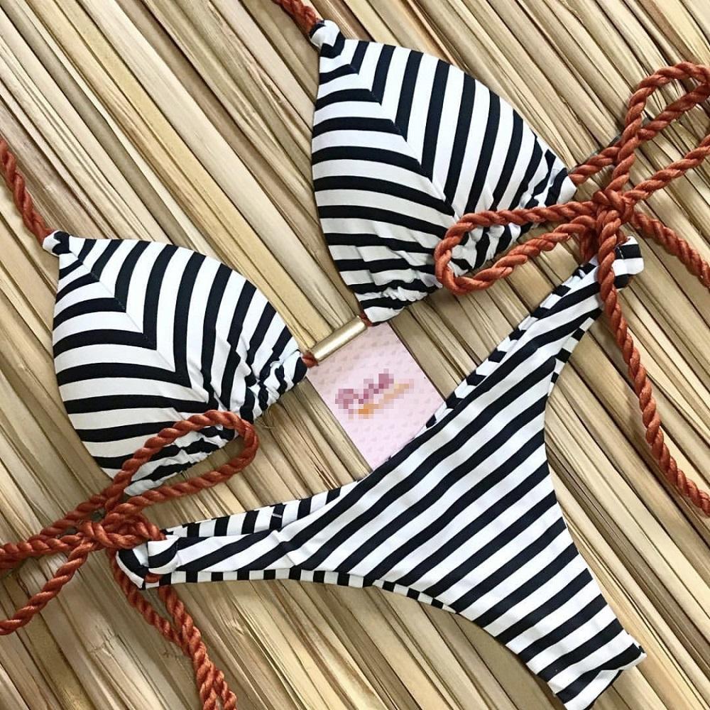 2026 Striped Bikini Set Knotted Swimsuit Women Biquinis Beach Sexy Thong Swimwear Bandage Brazilian Mirco Bikinis