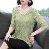 Lace Shirt Top Women's Three-quarter Sleeve Summer Hollow Large Size Mid Length Lace Blouse Solid Color Mesh Top