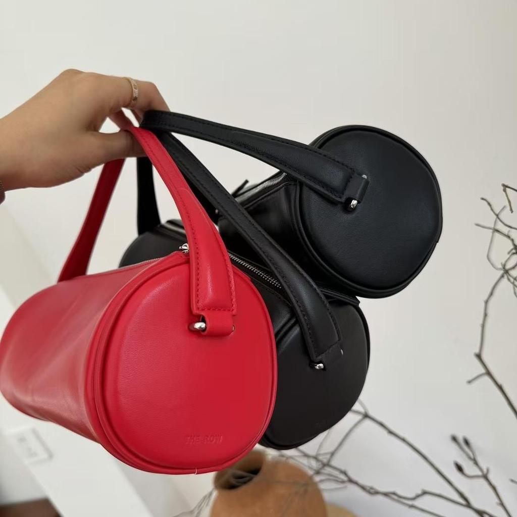 Penar Cilindric Retro din Piele de Oaie pentru Femei, Mini Geantă de Mână - Colecția Toamnă/Iarnă