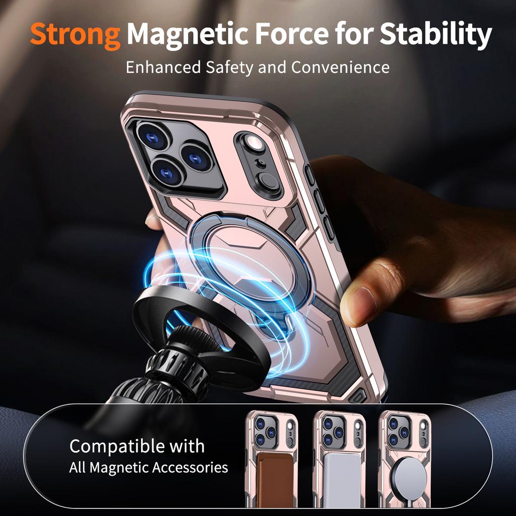 For iPhone 17 Pro Max Magnetic Case Ring Kickstand PC + TPU Hybrid Phone Cover