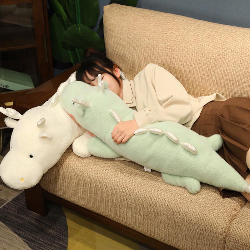Kawaii Soft Fluffy Snow Dinosaur Plush Long Pillow Toys Cute Green White Dragon Stuffed Animals Cushion Dolls for Kid Gift Decor