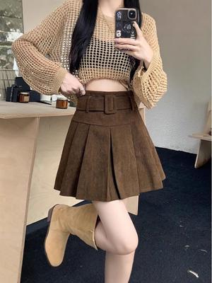 High-Waist Corduroy A-Line Pleated Mini Skirt - Autumn/Winter Slimming Design