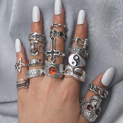 16dílné vintage prsteny Animal Opening Oil Drop Rings Diamond Skull Frog Mask Rings