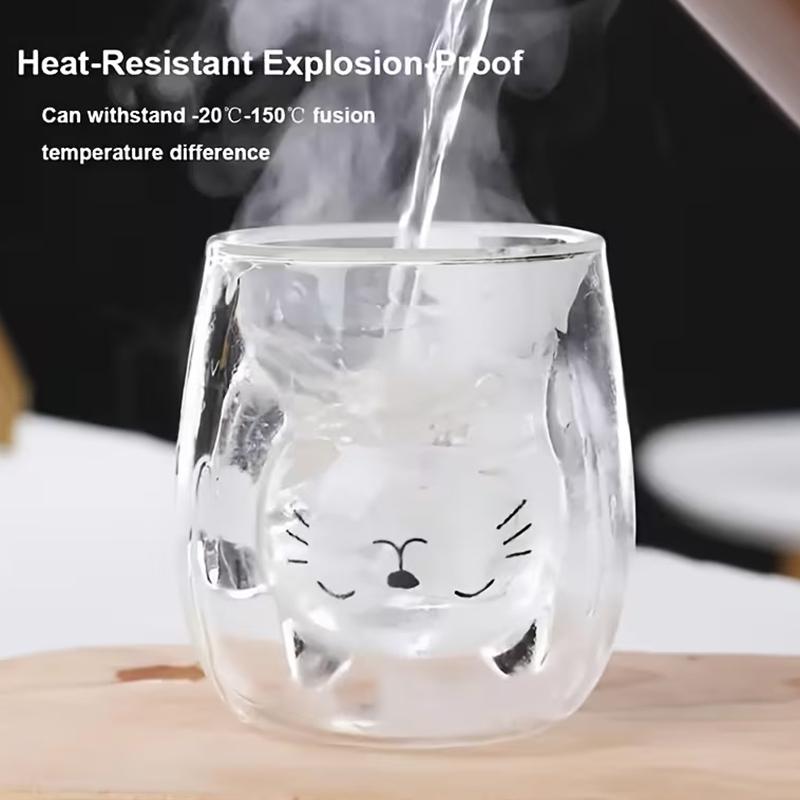 Cute Kitten Glass Coffee Mug, Double-Walled Glass Milk Mug. Perfect For Breakfast, Coffee, Juice, Or As A Holiday Gift