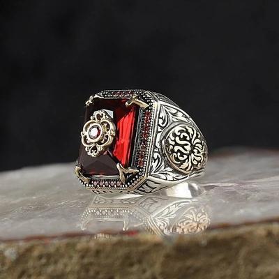 Retro Handmade Turkish Signet Ring for Men Women Ancient Copper Color Carved Eagle Ring Inlaid Red Zircon Punk Motor Biker Ring