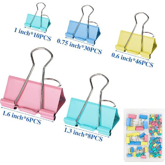 OWLKELA 100 Pcs Colored Binder Clips, Paper Clamps, Paper Binder Clip, Assorted Sizes, Metal Colorful Binder Clips, Ideal for Office, Home and School