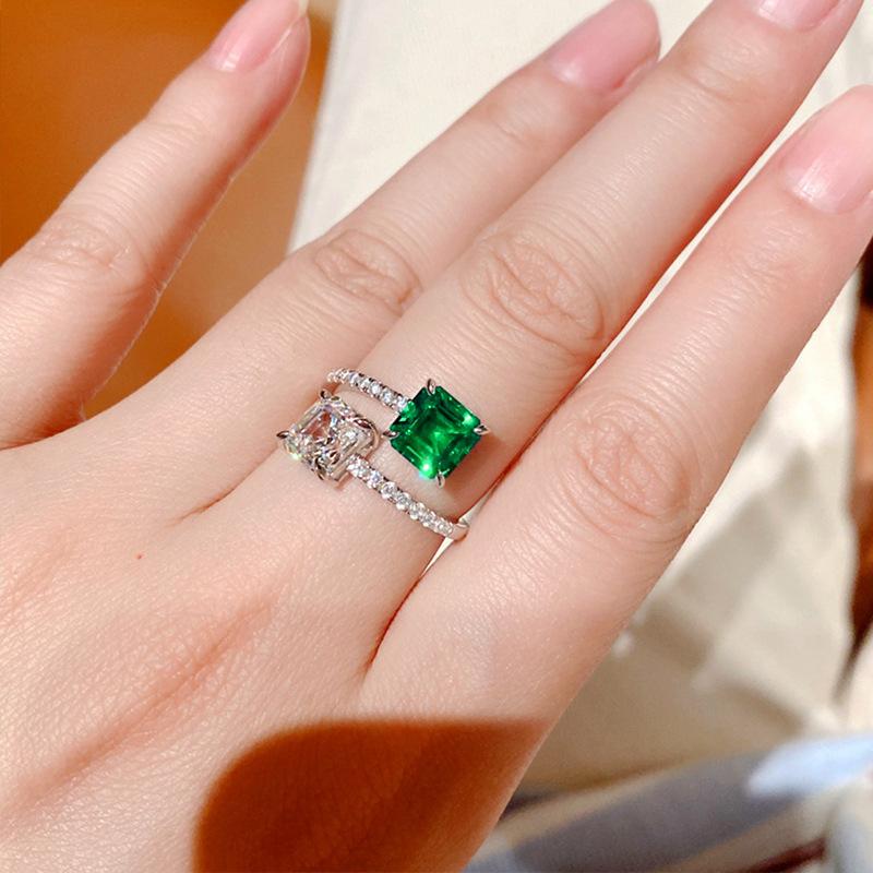 High-Quality Four-Clawed Princess Sugar Cube Ring, Double Main Stone Contrasting Color Opening Adjustable Ring