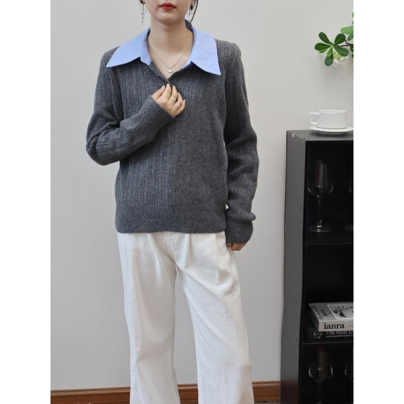 Polo collar splicing fake two-piece knitted sweater top autumn and winter new soft waxy and thin temperament sweater pullover women