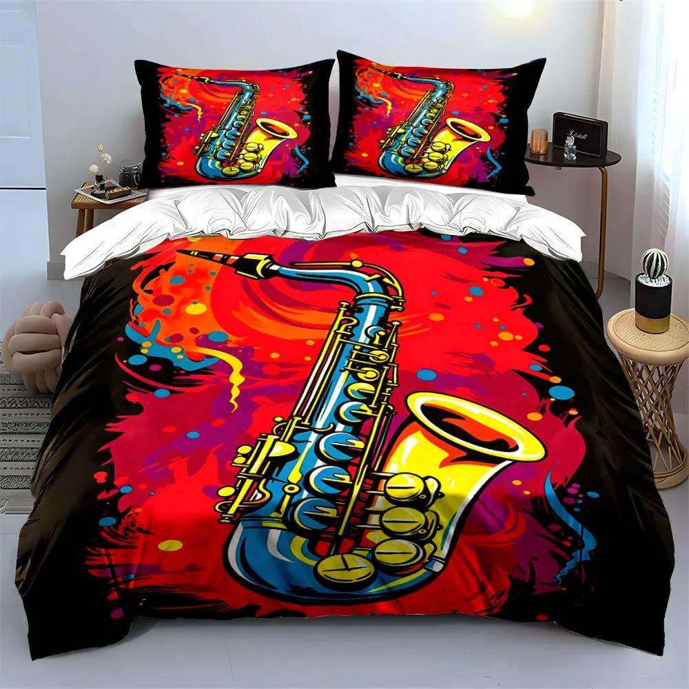 Colorful Saxophone Art Set Multiple Sizes Kid's and Adults' Bedroom Exquisite 3PC Bedding Set Gift
