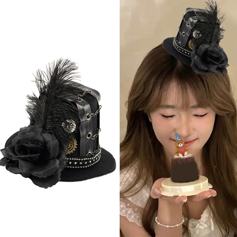 Elegant Chain Embellished Felted Hair Clip Dramatic Velvets Hat Clip Clockwork for Halloween Event