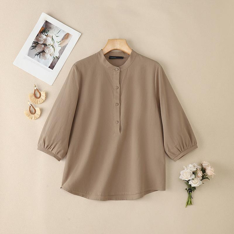 ZANZEA Women Casual Round Neck Solid Color 3/4 Sleeve Cotton Blouse