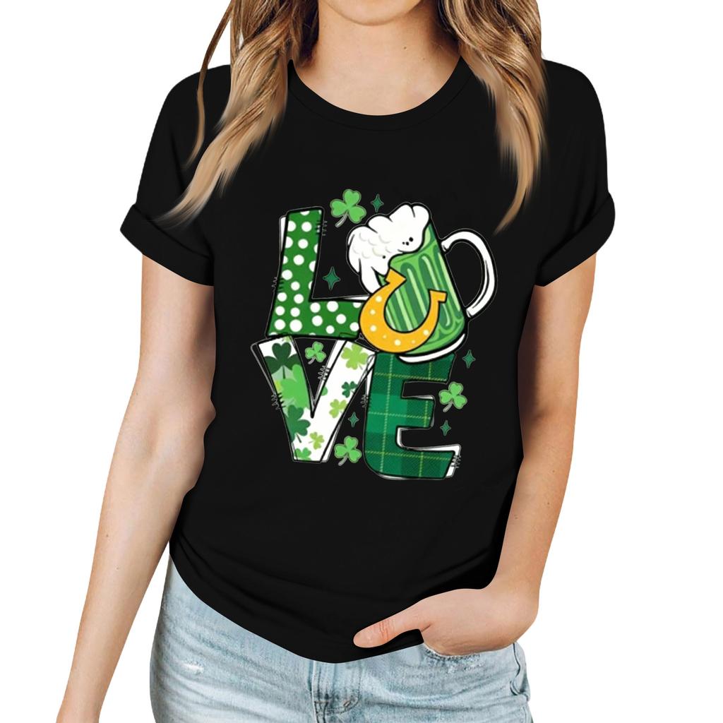 Damen Casual T-Shirt mit Saint Patrick Print Rundhals Pullover Kurzarm Top
