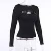 Autumn Fashion Women Sexy Hollow Out Slim Fit Long Sleeve Casual Round Neck Shirt Solid Black Tops T Shirt 5 Colors