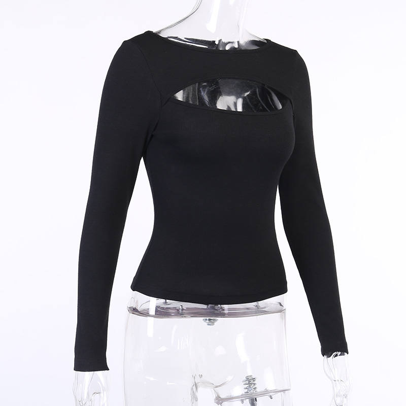 Autumn Fashion Women Sexy Hollow Out Slim Fit Long Sleeve Casual Round Neck Shirt Solid Black Tops T Shirt 5 Colors