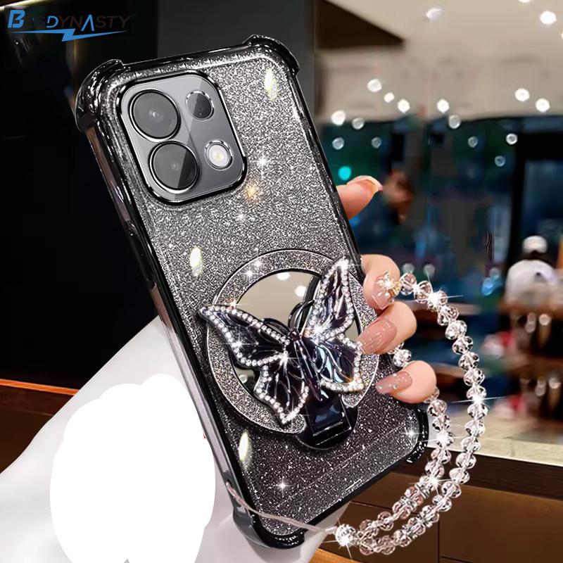 Mirror Glitter Butterfly Crystal Bracelet Case For Xiaomi 17 Pro Max 15T Pro 13T 14T Pro 15 17 Ultra Shockproof Silicone Cover
