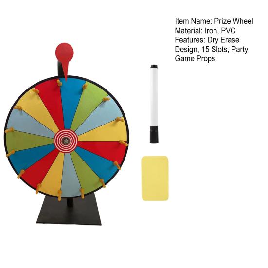 12-Inch Rainbow Prize Wheel with Eraser Pen 15 Slots Dry Erase Spinning Wheel with Stand DIY Fortune Spinner Tabletop Roulette Party Board Game Props