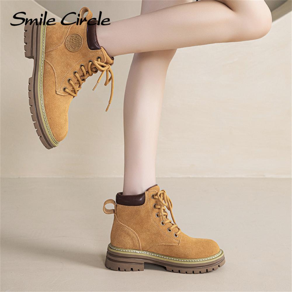 Natural Suede Women Boots Soft Sole Lace-up Thick Boots Fashion Casual Work Boots