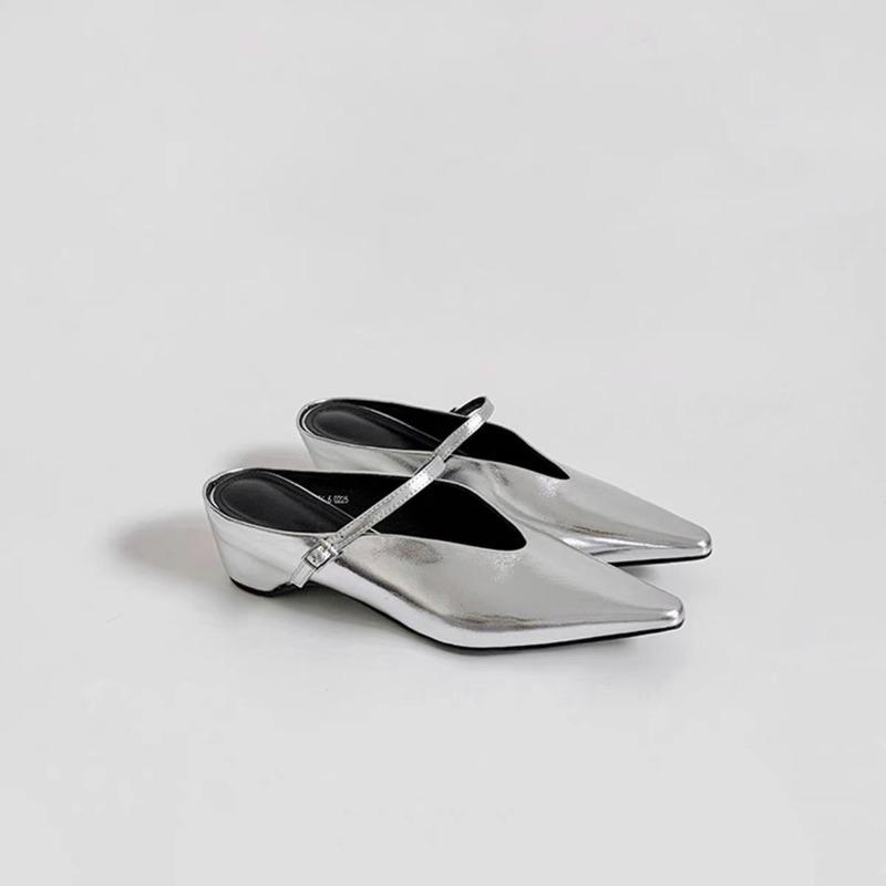 

2026 Spring and Summer New French Pointed Toe Block Heel Mary Jane Shoes Lazy Baotou Half Slippers 40 срібний